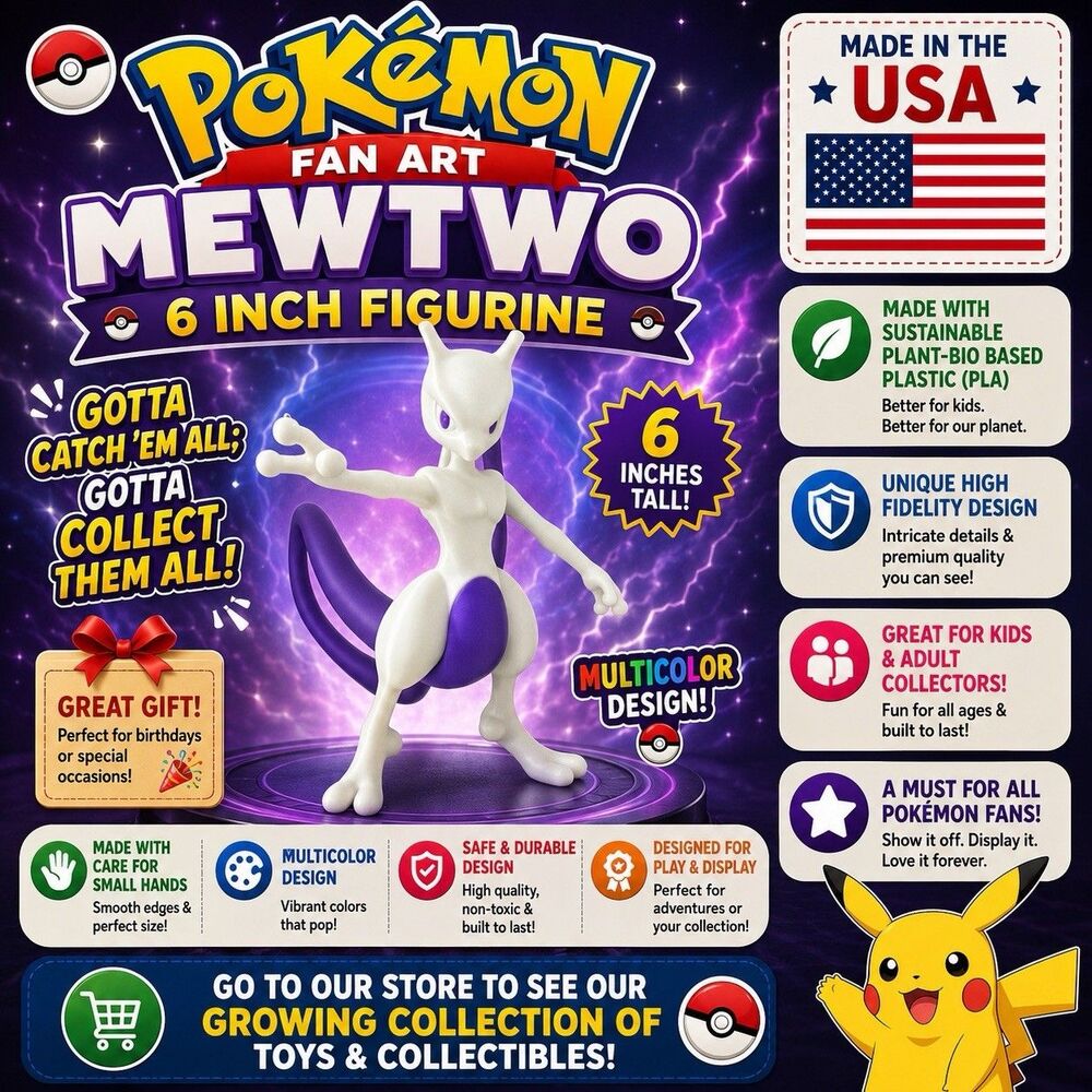 Mewtwo 6 in Pokemon Figurine High Fidelity Design USA Made Sustainable Materials